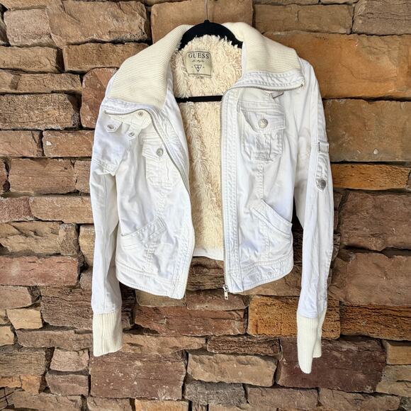 Y2K Guess White Fur Cropped Utility Moto High Neck Convertible Full Zip Jacket S - Picture 4 of 16